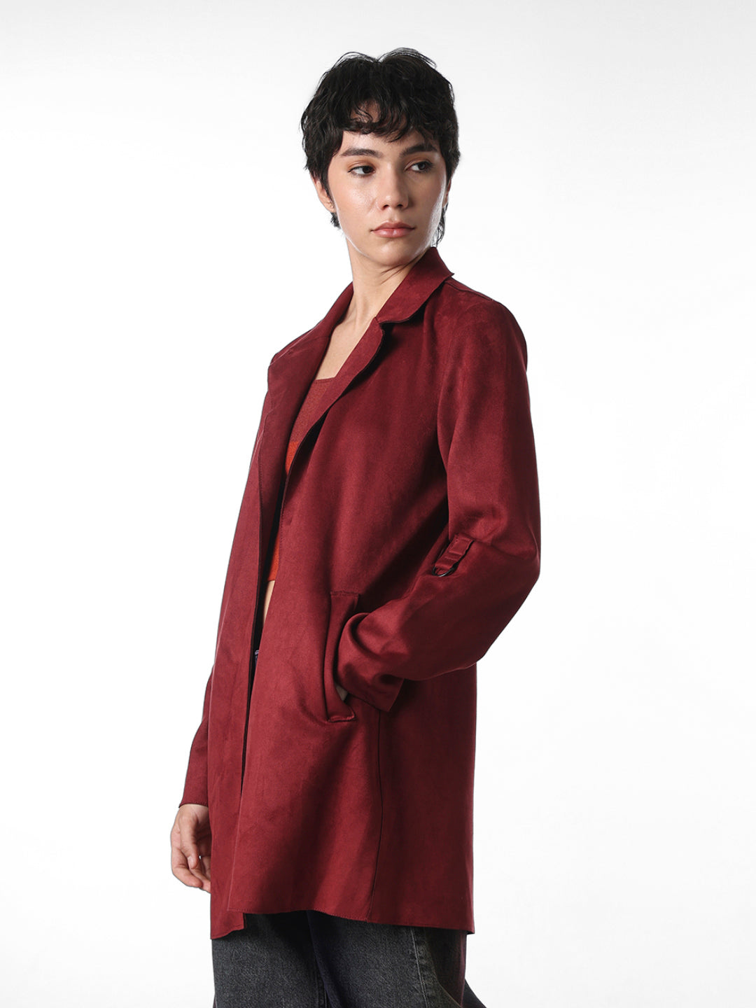 Maroon Faux Suede Long Coat
