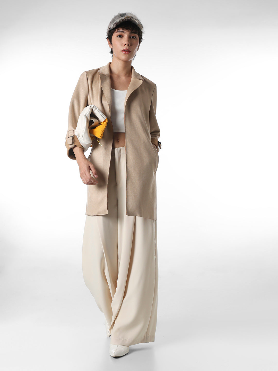 Beige Faux Suede Long Coat