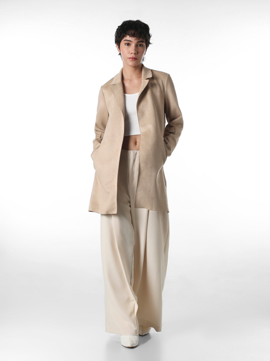 Beige Faux Suede Long Coat