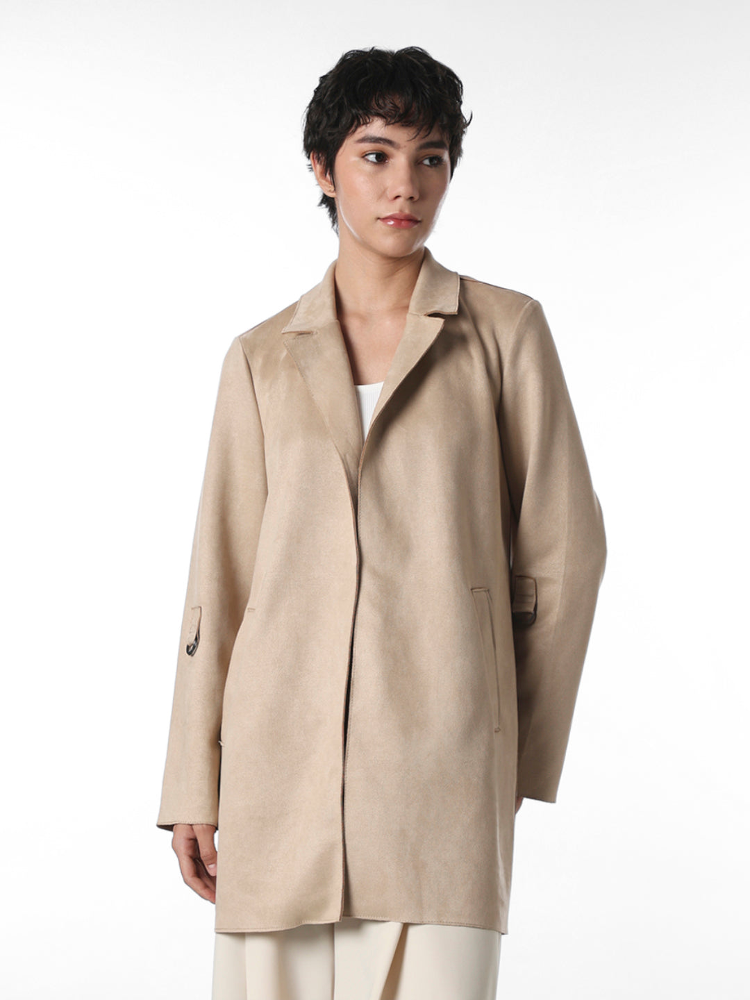 Beige Faux Suede Long Coat