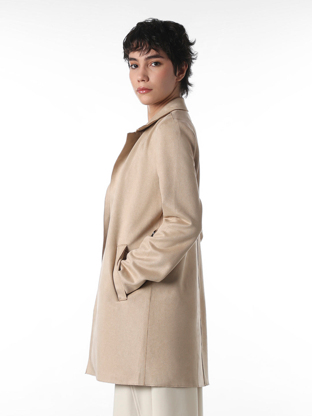 Beige Faux Suede Long Coat
