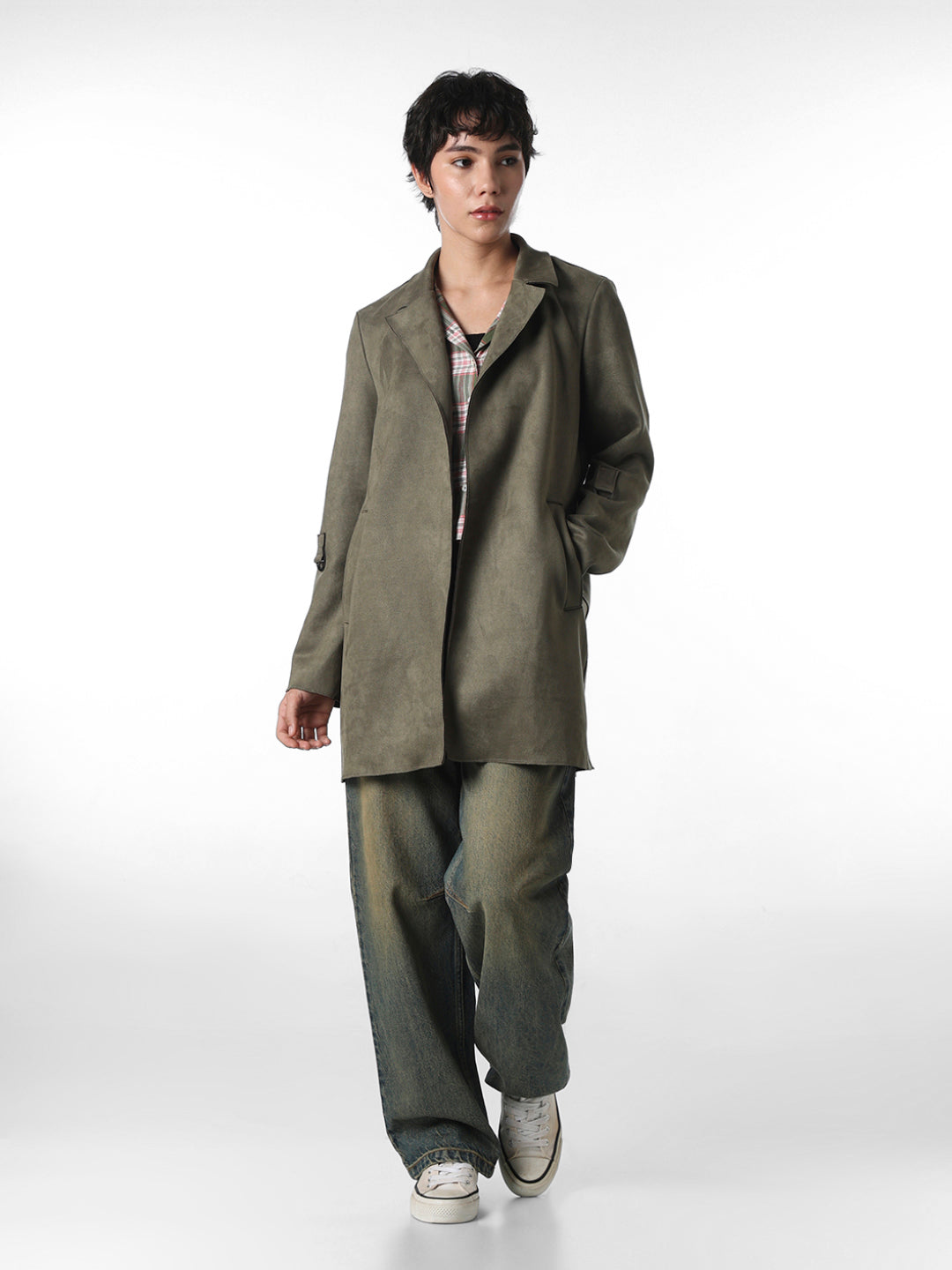 Dark Green Faux Suede Long Coat