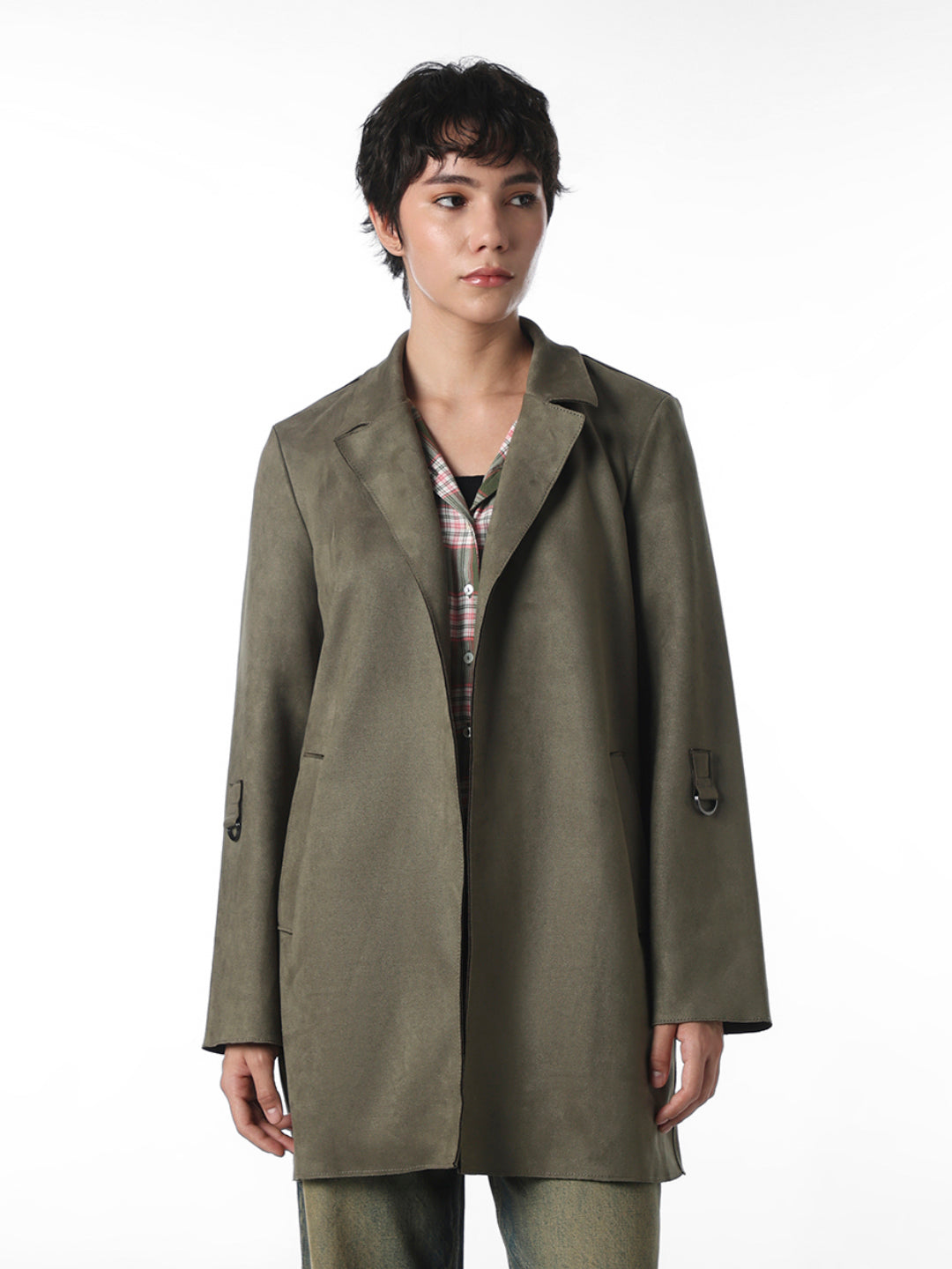 Dark Green Faux Suede Long Coat