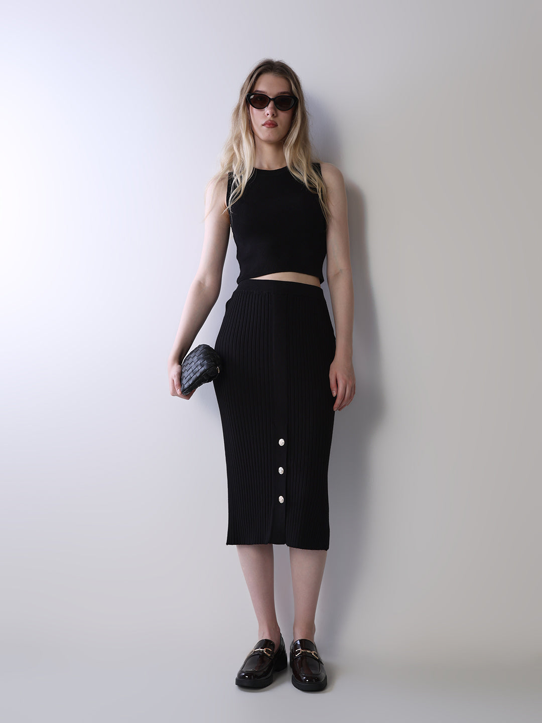 Ribbed High-Waist Knit Skirt