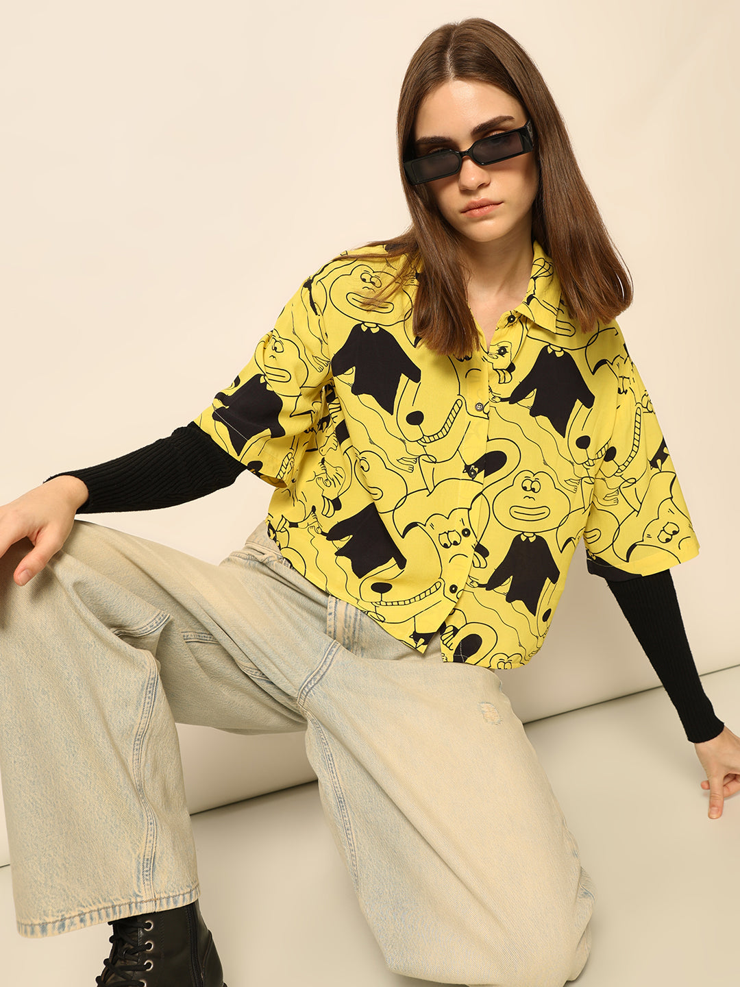 Dirty Pote Yellow Printed Cropped Shirt