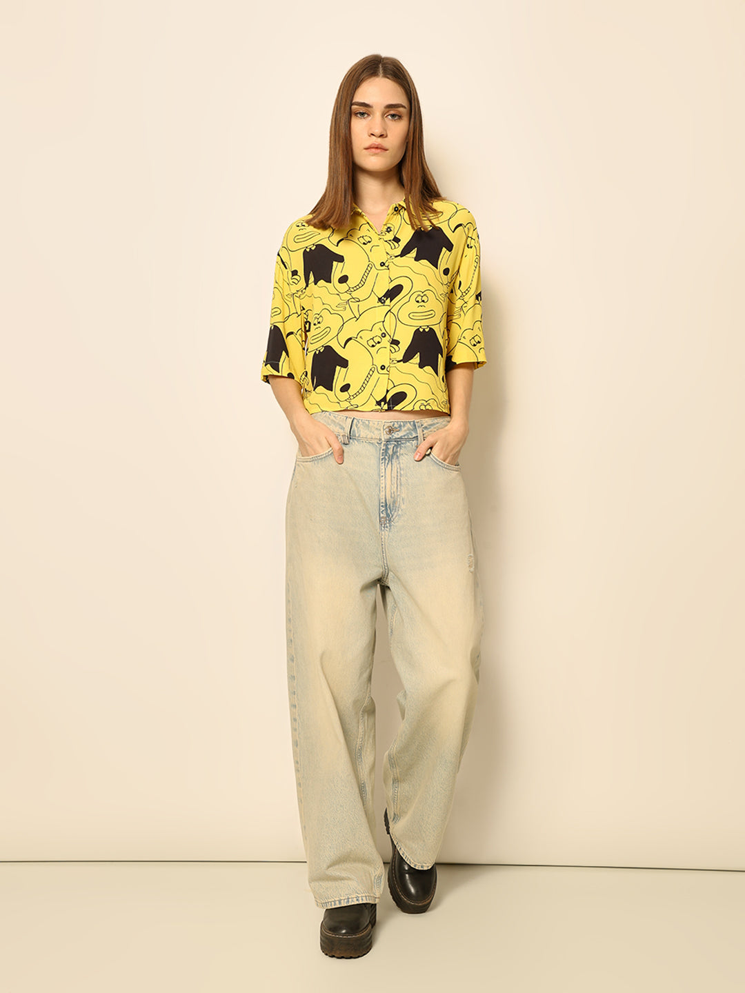 Dirty Pote Yellow Printed Cropped Shirt