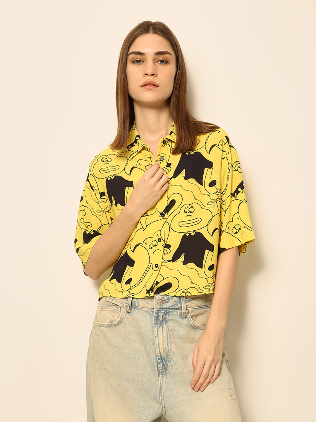 Dirty Pote Yellow Printed Cropped Shirt