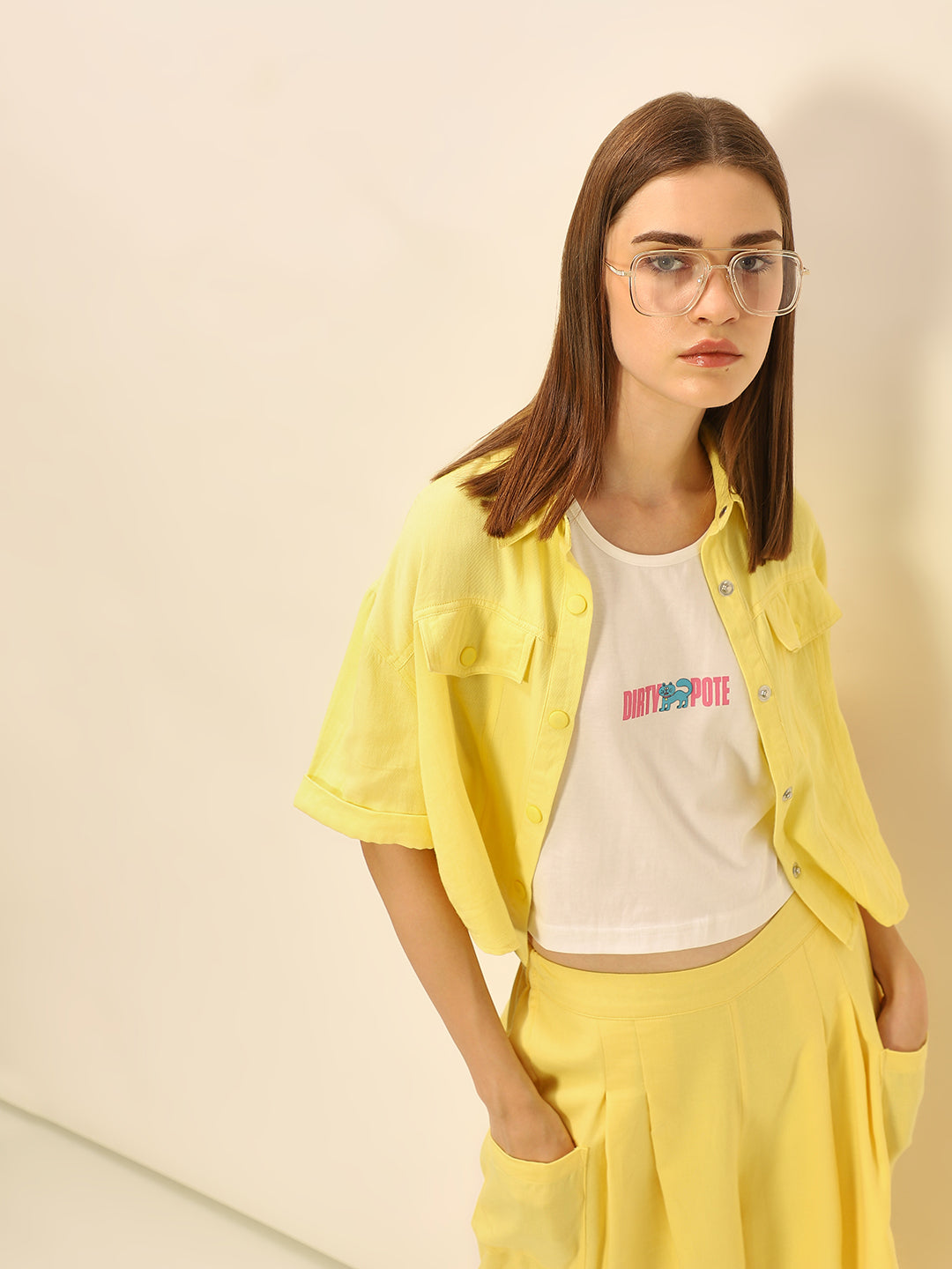 Dity Pote Yellow Cropped Cargo Shirt