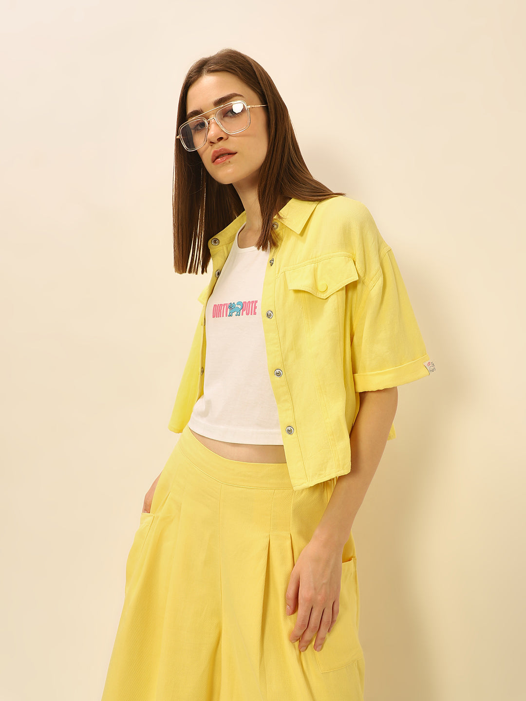 Dity Pote Yellow Cropped Cargo Shirt