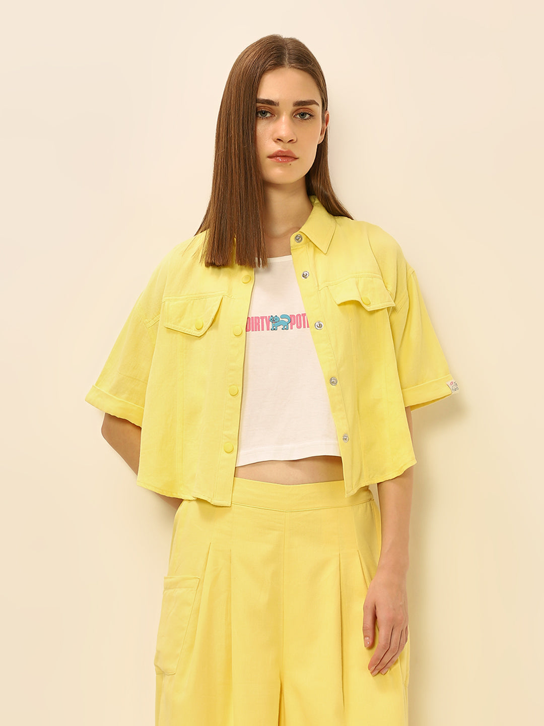 Dity Pote Yellow Cropped Cargo Shirt