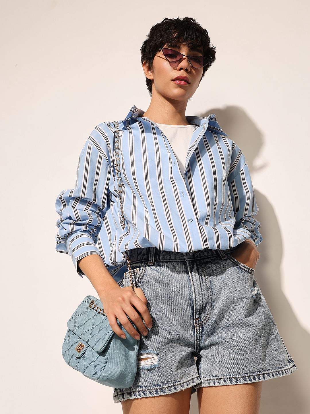 Blue Striped Cropped Shirt