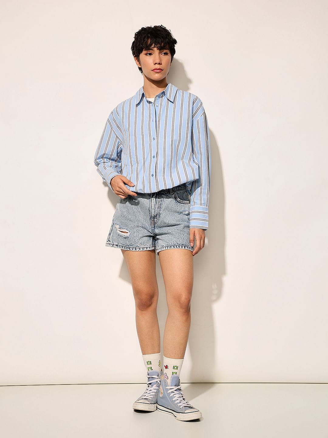 Blue Striped Cropped Shirt
