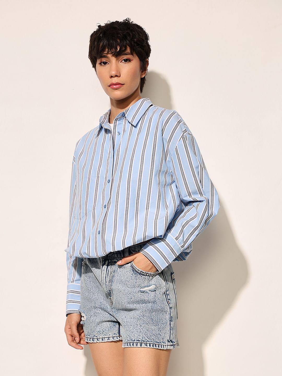 Blue Striped Cropped Shirt