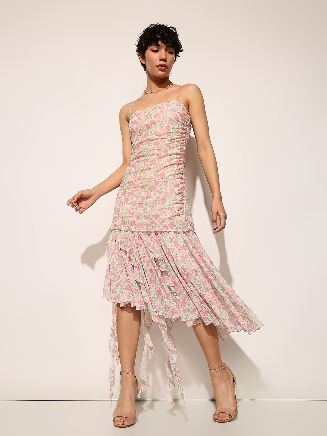 Pink Floral Bodycon Mesh Dress - Main Image