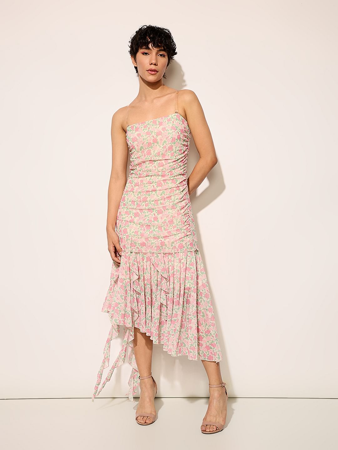 Pink Floral Bodycon Mesh Dress