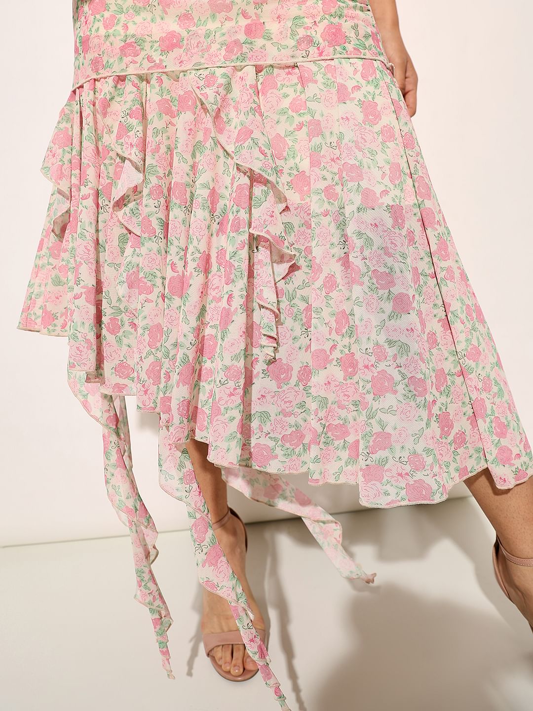 Pink Floral Bodycon Mesh Dress