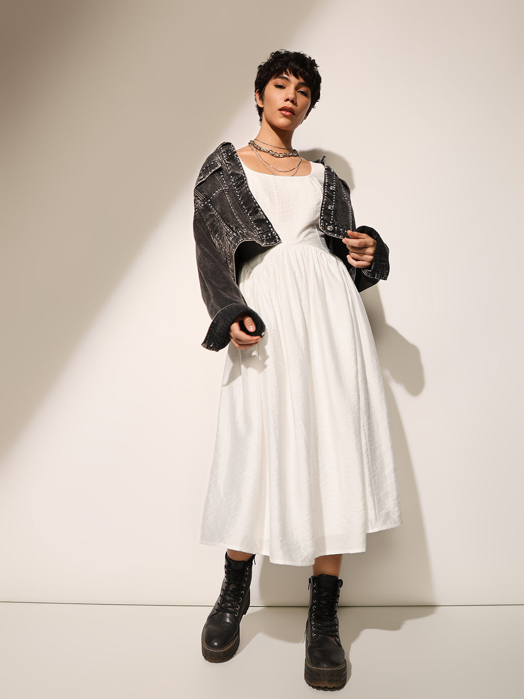 ONLY White Boat Neck Midi Dress