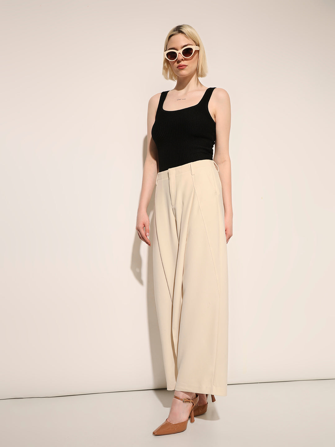Beige High Rise Tailored Pants