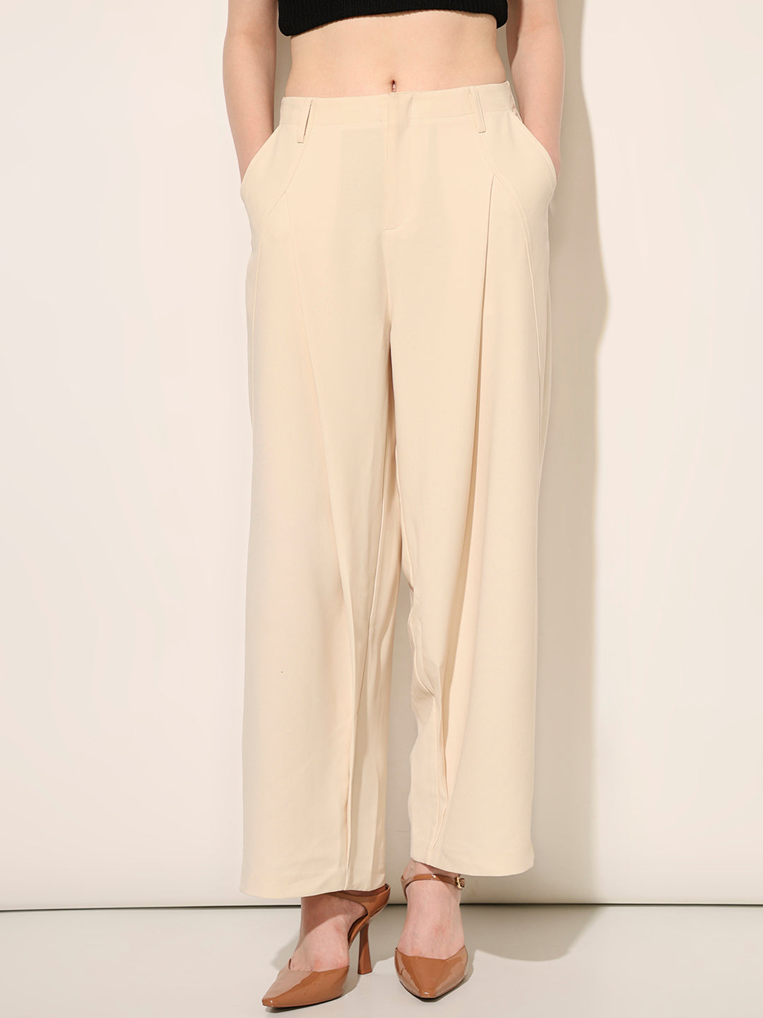 Beige High Rise Tailored Pants