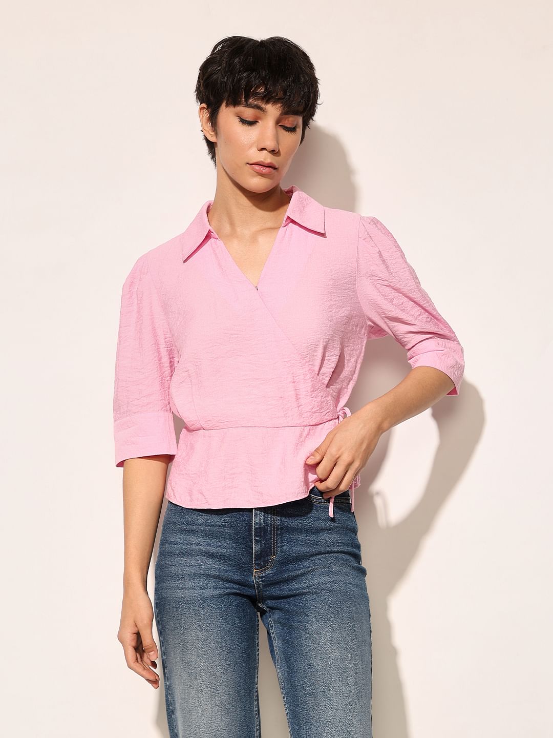 Pink Cropped Wrap Top