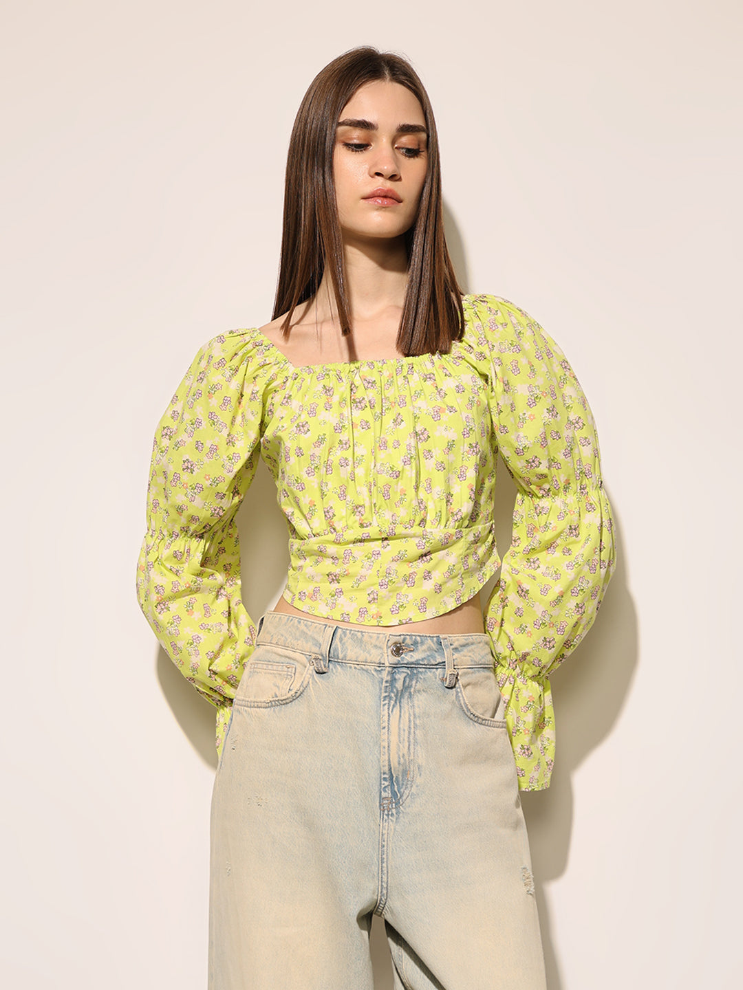 Green Floral Crop Top