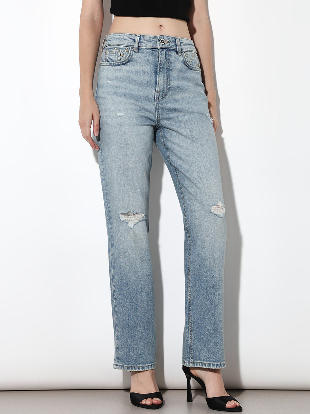 Light Blue Mildly Distressed Straight Fit Jeans