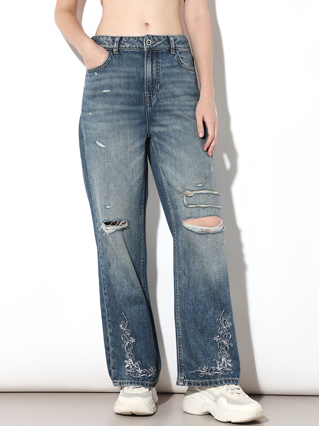 Dark Blue Distressed Embroidery Detail Jeans