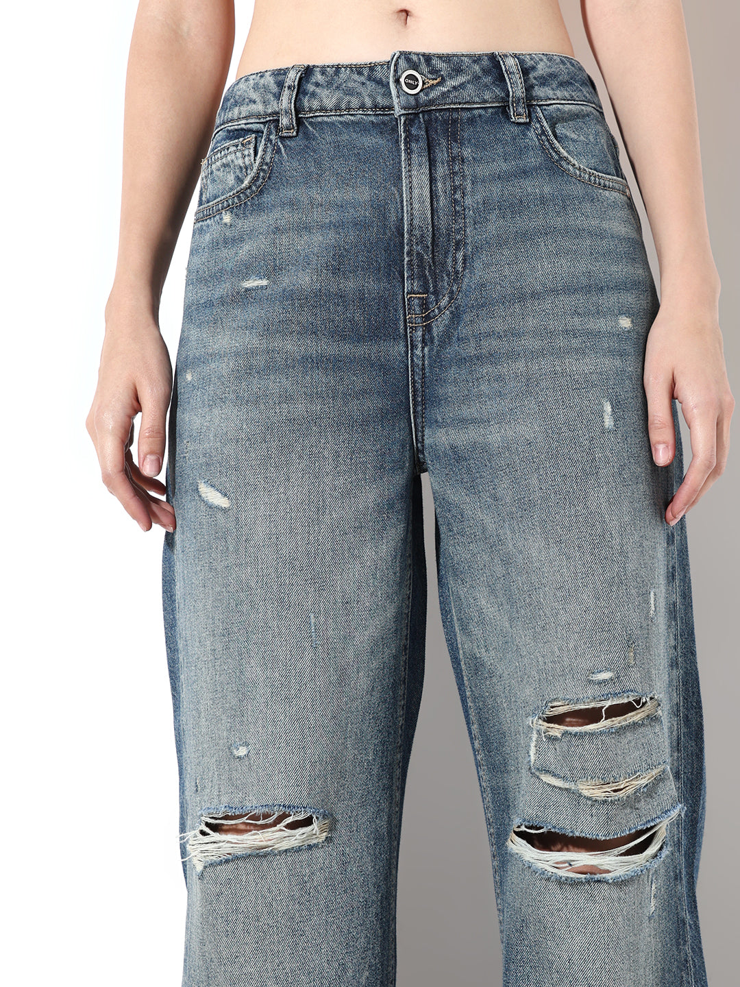 Dark Blue Distressed Embroidery Detail Jeans