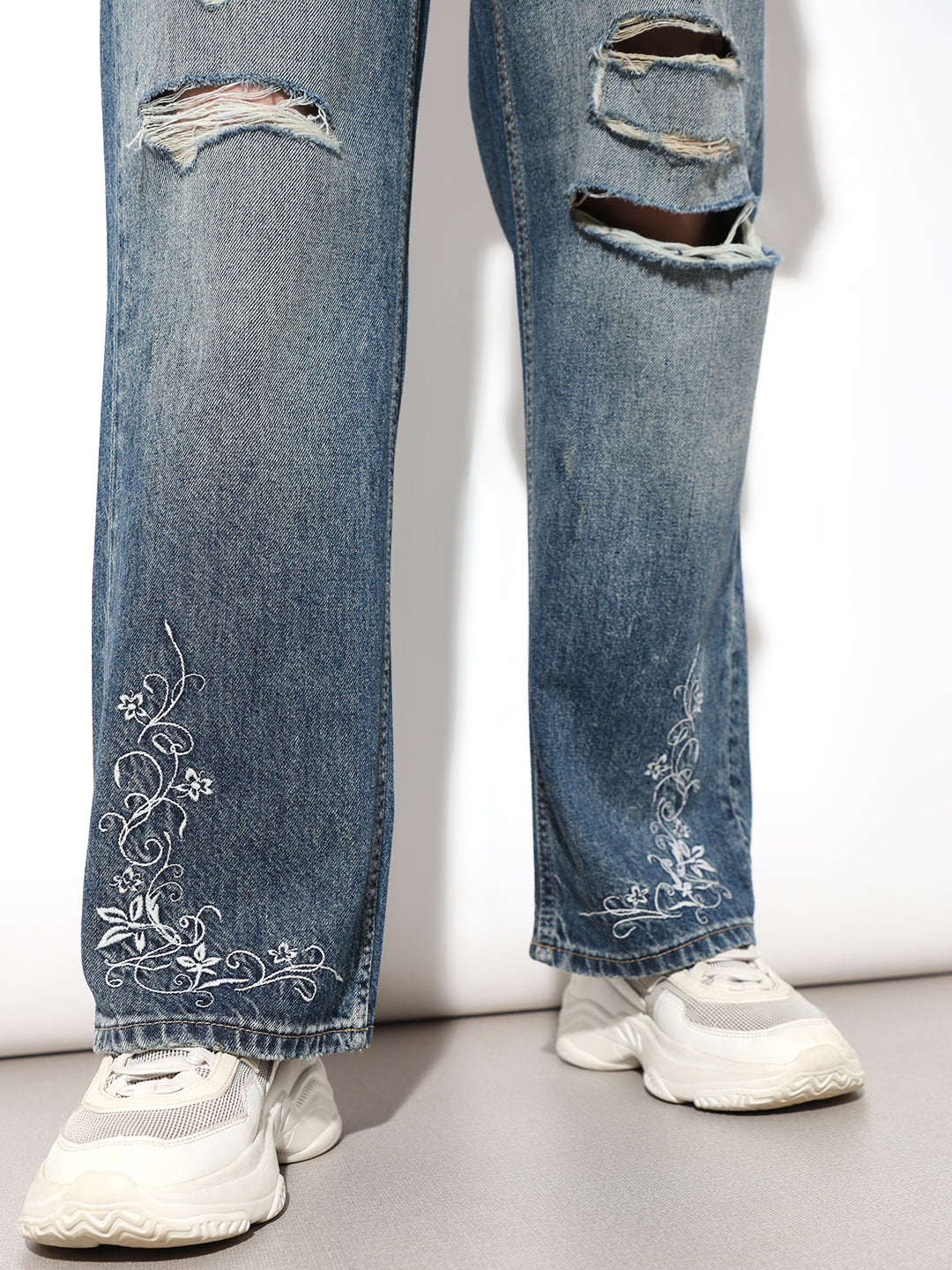 Dark Blue Distressed Embroidery Detail Jeans