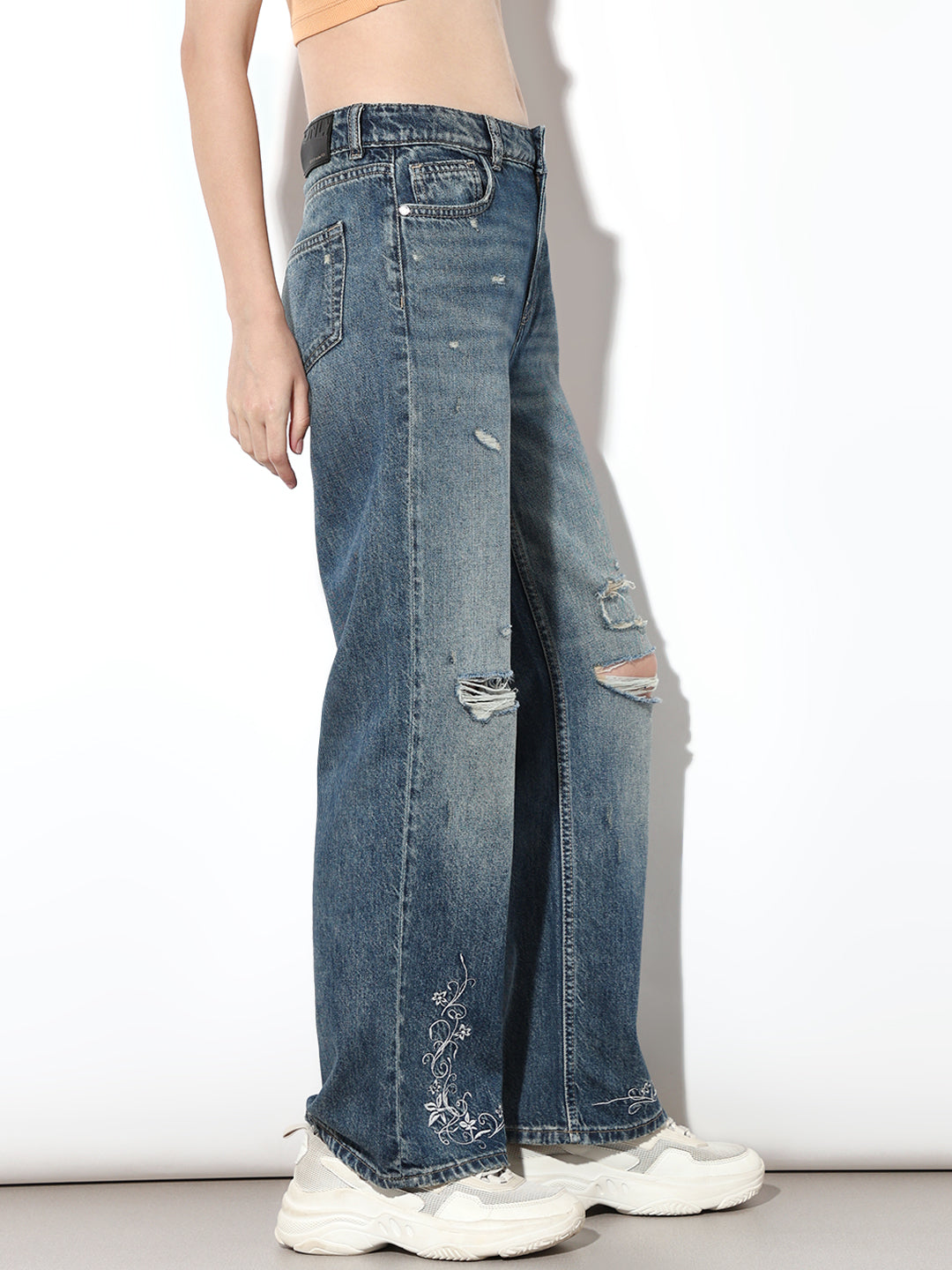 Dark Blue Distressed Embroidery Detail Jeans