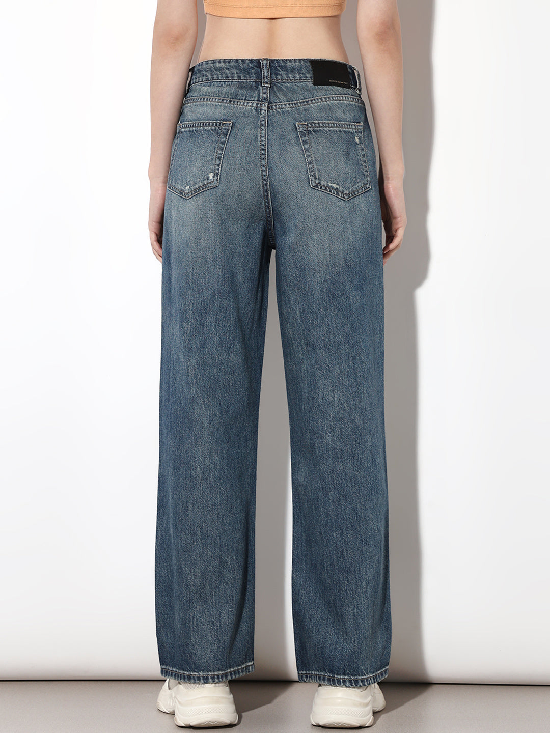 Dark Blue Distressed Embroidery Detail Jeans