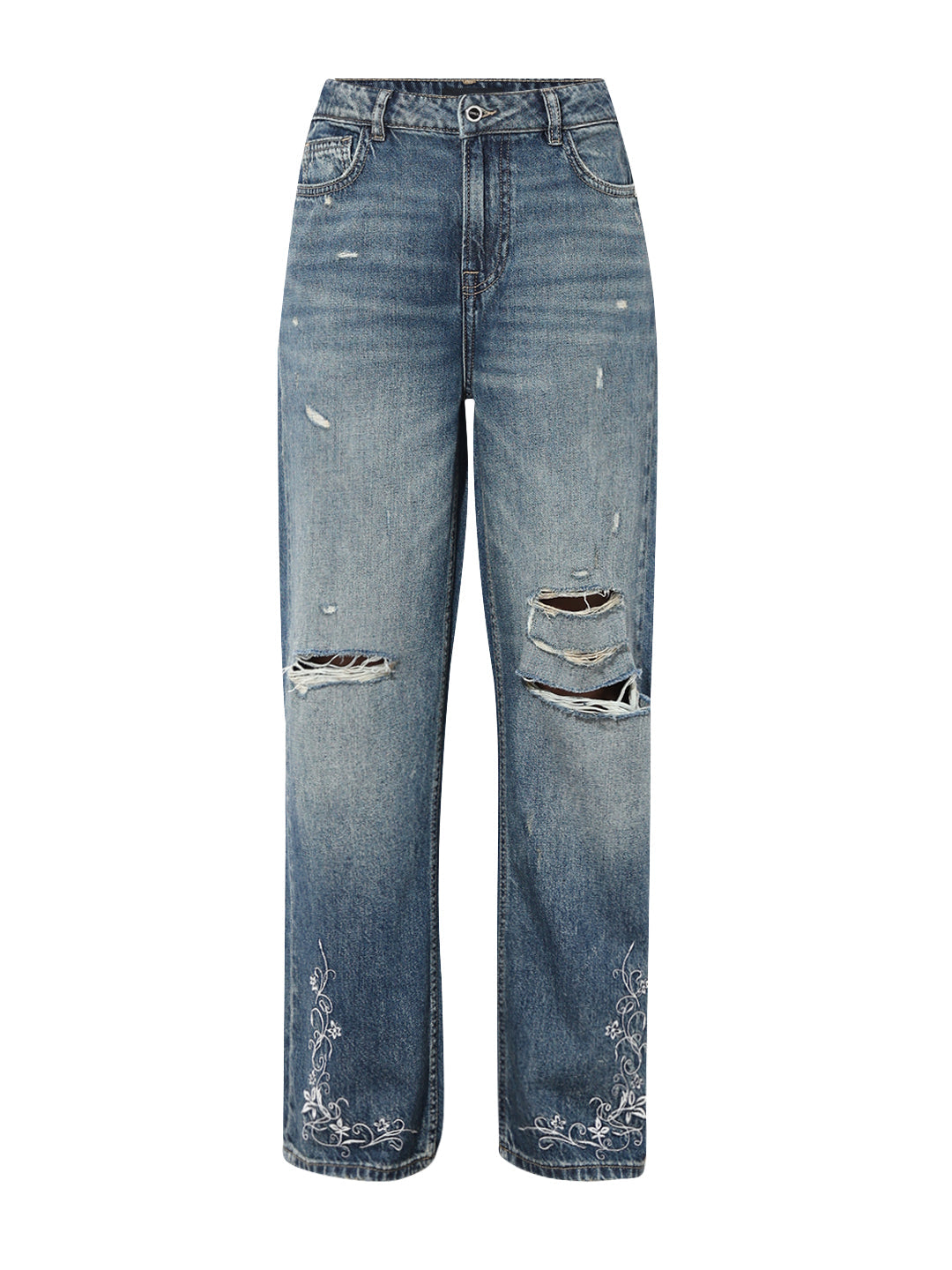 Dark Blue Distressed Embroidery Detail Jeans