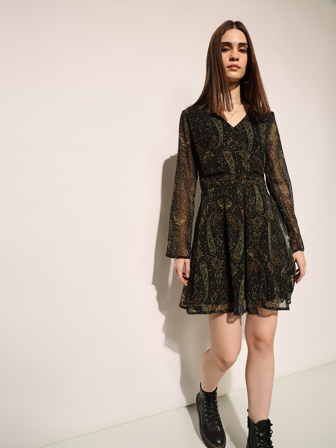 Black Printed Frill Trim Short Dress