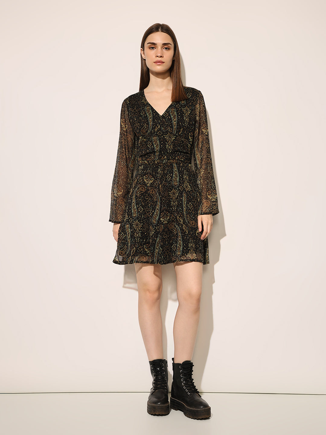 Black Printed Frill Trim Short Dress