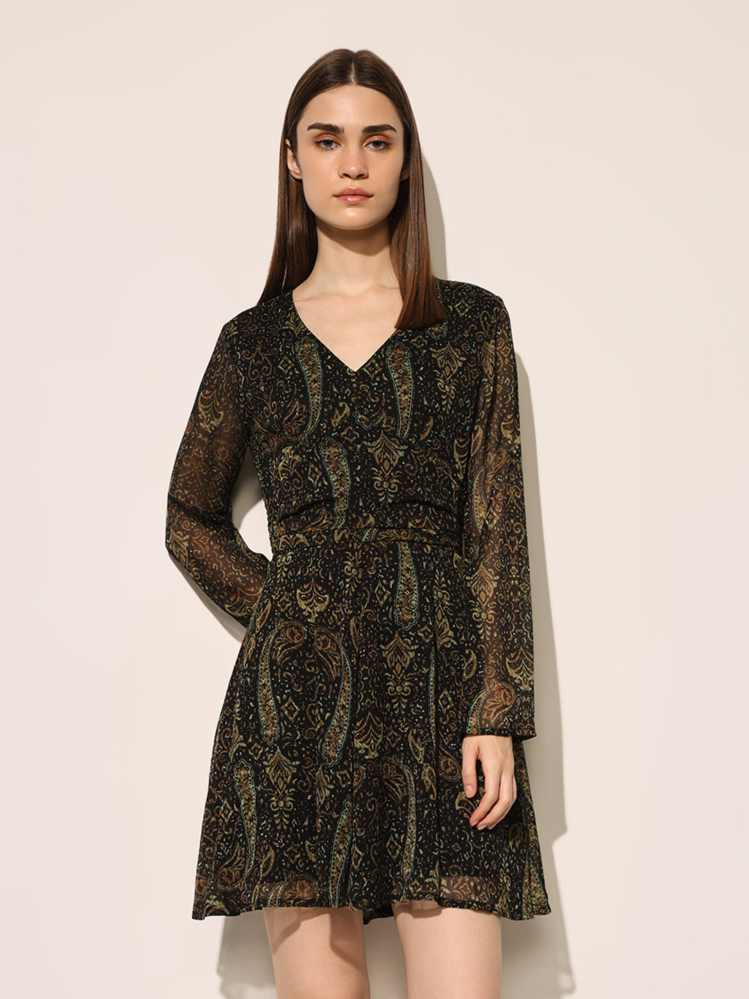 Black Printed Frill Trim Short Dress