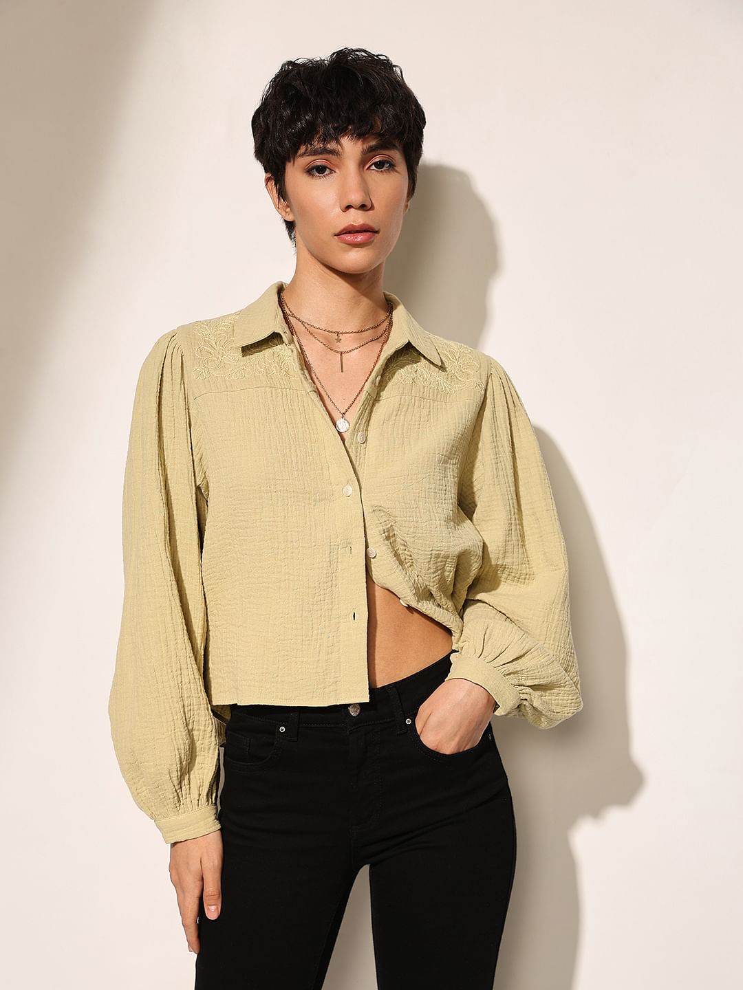 Green Embroidered Detail Shirt
