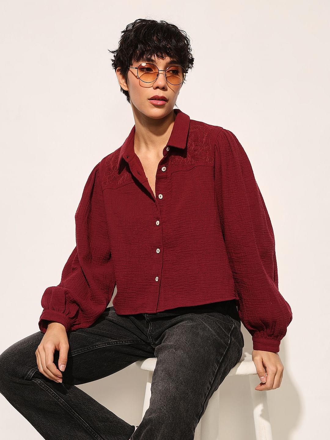 Maroon Balloon Sleeves Cotton Shirt