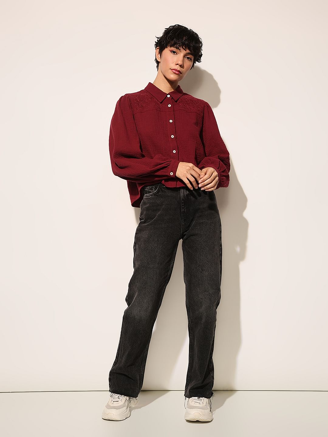 Maroon Balloon Sleeves Cotton Shirt