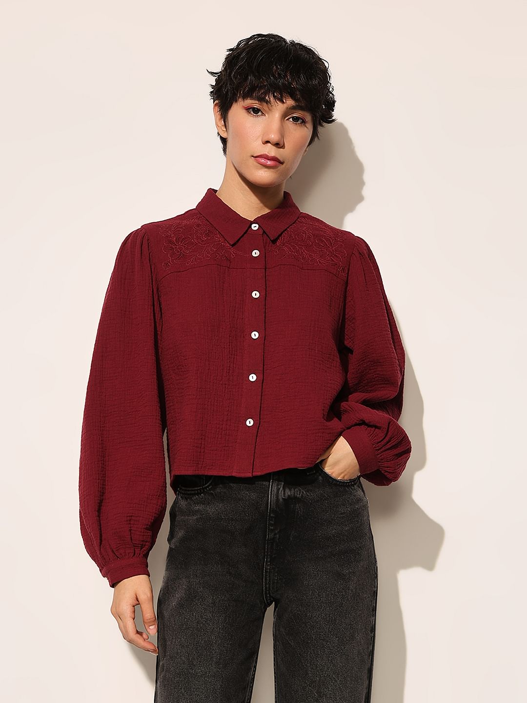 Maroon Balloon Sleeves Cotton Shirt