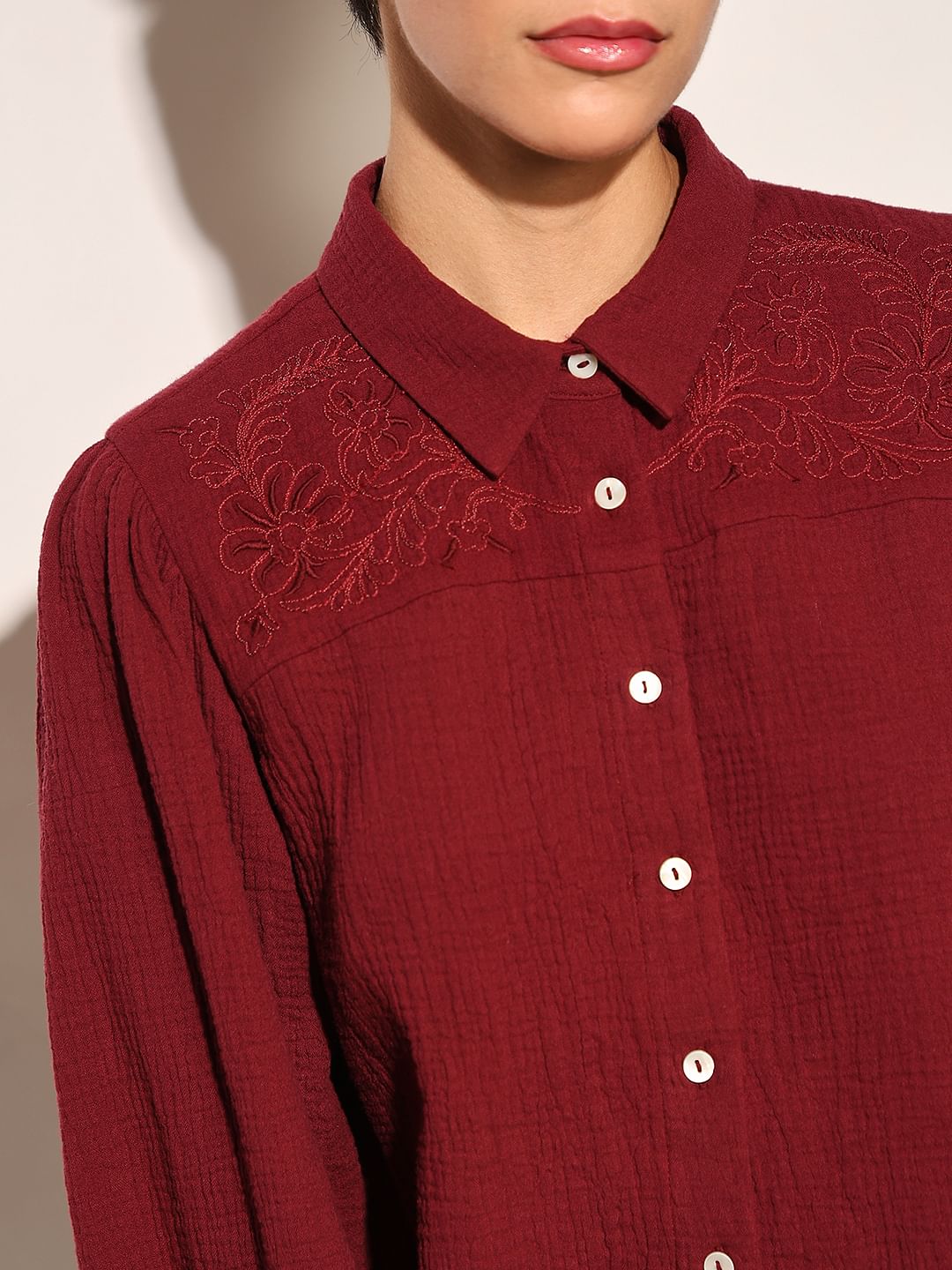 Maroon Balloon Sleeves Cotton Shirt