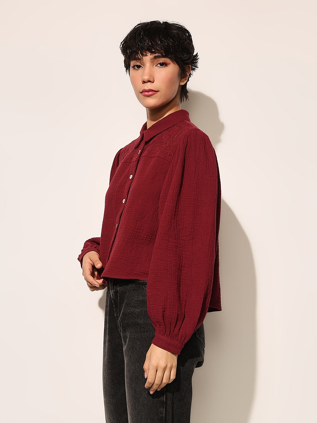 Maroon Balloon Sleeves Cotton Shirt