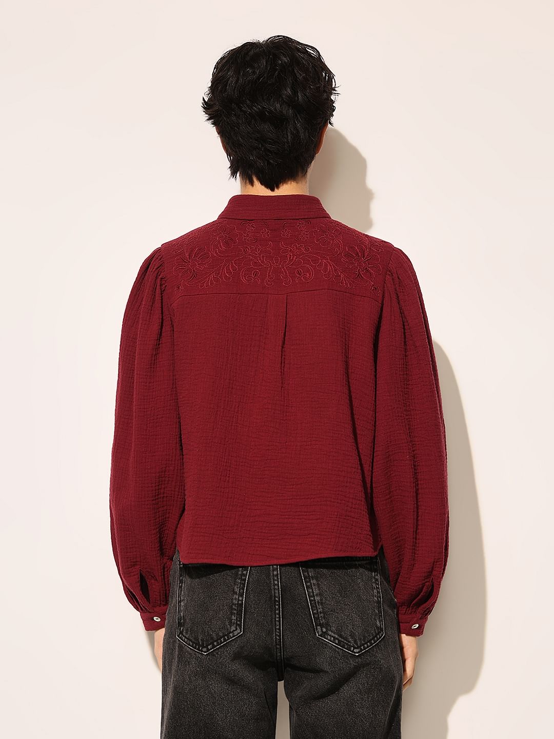 Maroon Balloon Sleeves Cotton Shirt