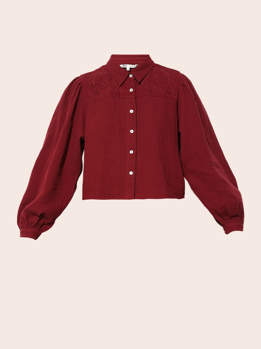 Maroon Balloon Sleeves Cotton Shirt