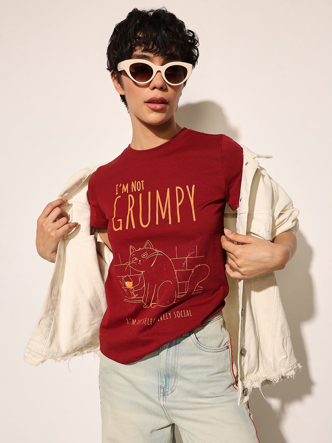 Maroon Printed Cotton T-Shirt