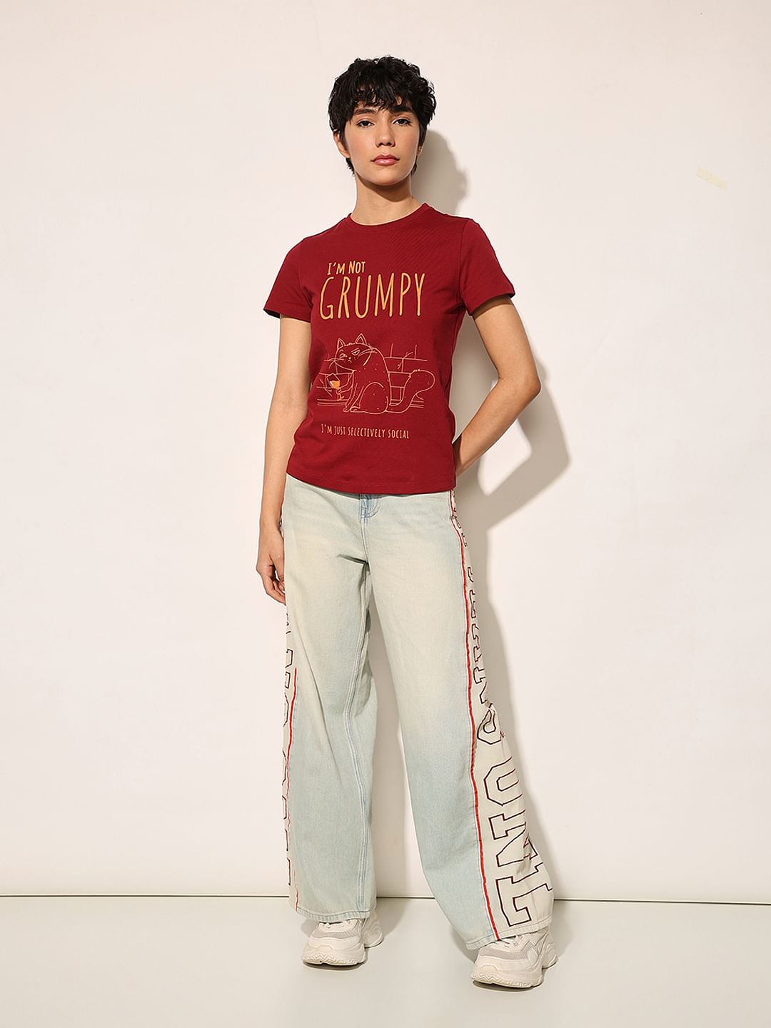 Maroon Printed Cotton T-Shirt