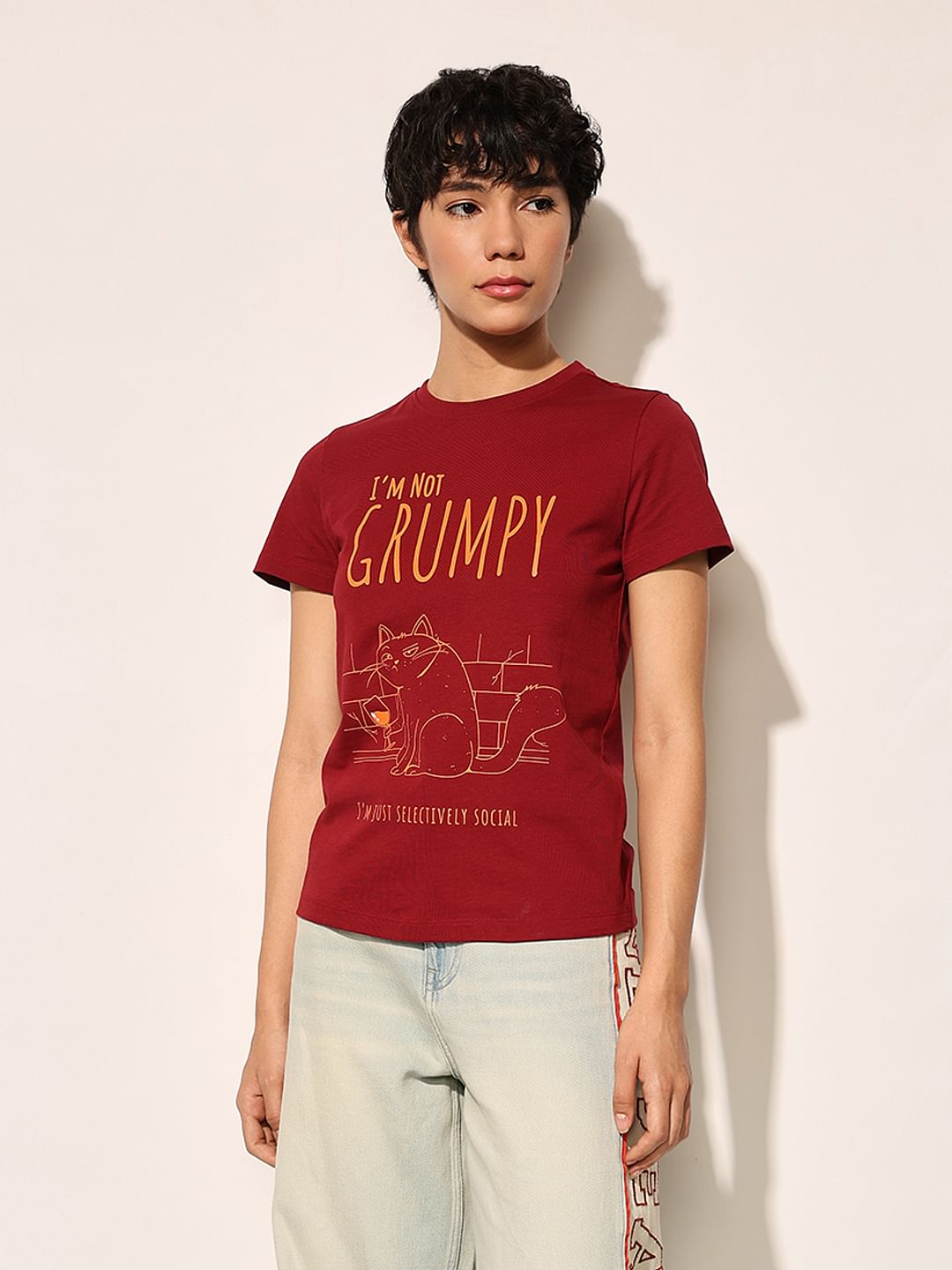 Maroon Printed Cotton T-Shirt