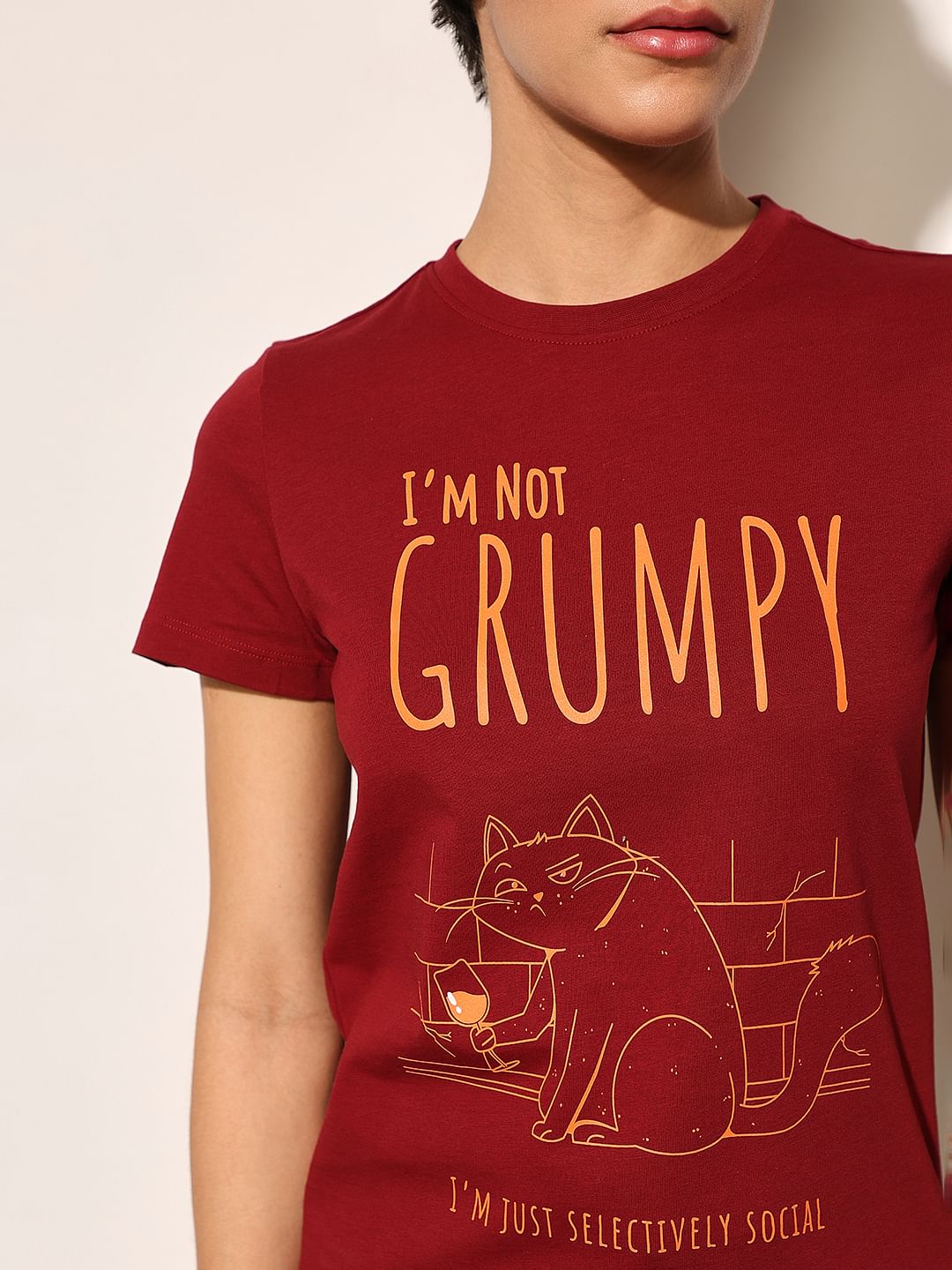 Maroon Printed Cotton T-Shirt