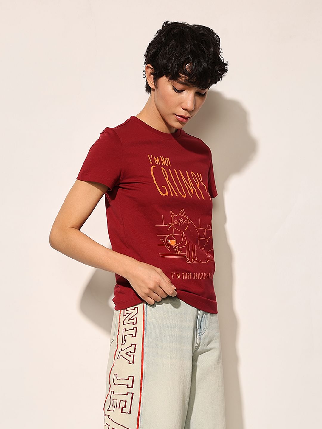 Maroon Printed Cotton T-Shirt