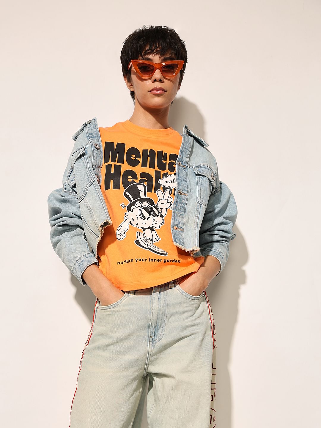 Orange Printed Cotton T-Shirt