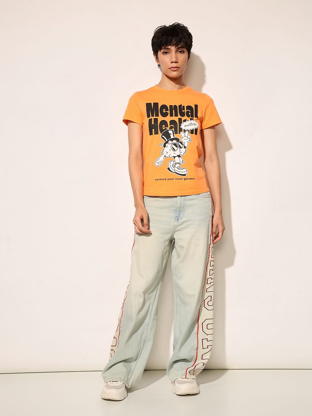 Orange Printed Cotton T-Shirt